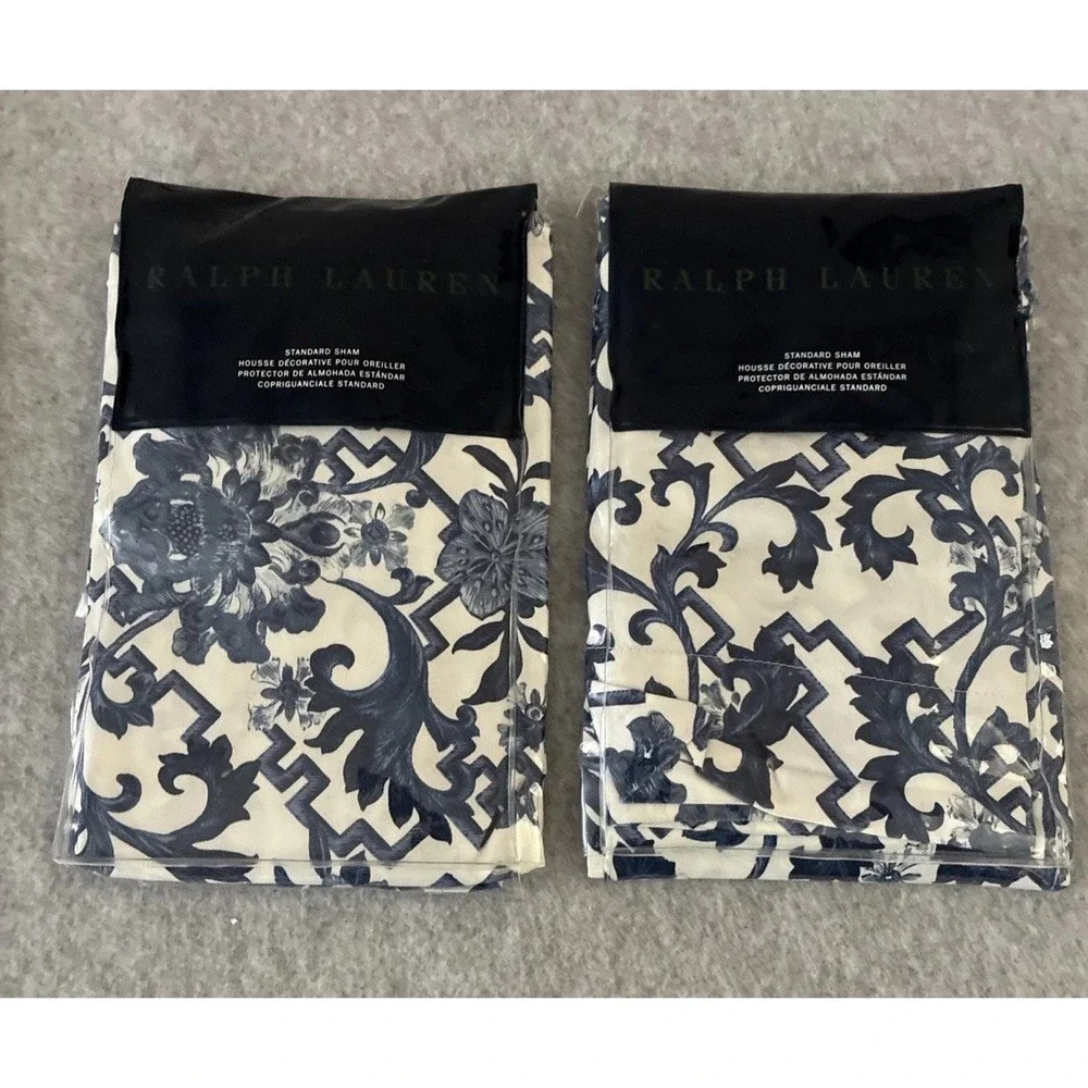 Ralph Lauren Dorsey Standard Sham Set of 2 New Blue White Porcelain Lotus Pair